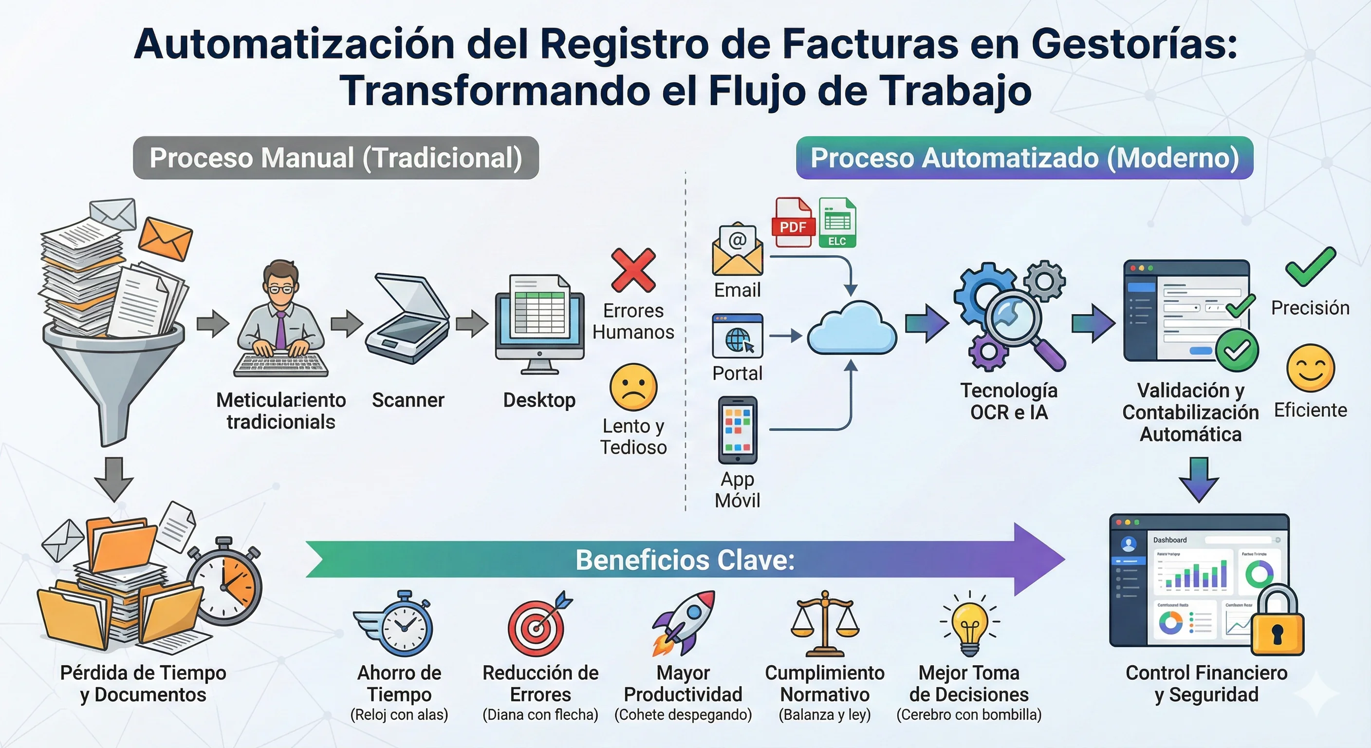 Automatización del registro de facturas en gestorías: Transformando el flujo de trabajo - Infografía comparativa que muestra el proceso manual tradicional (lento, con errores humanos, pérdida de tiempo) frente al proceso automatizado moderno (precisión, eficiencia, control financiero). Incluye beneficios clave: ahorro de tiempo, reducción de errores, mayor productividad, cumplimiento normativo y mejor toma de decisiones