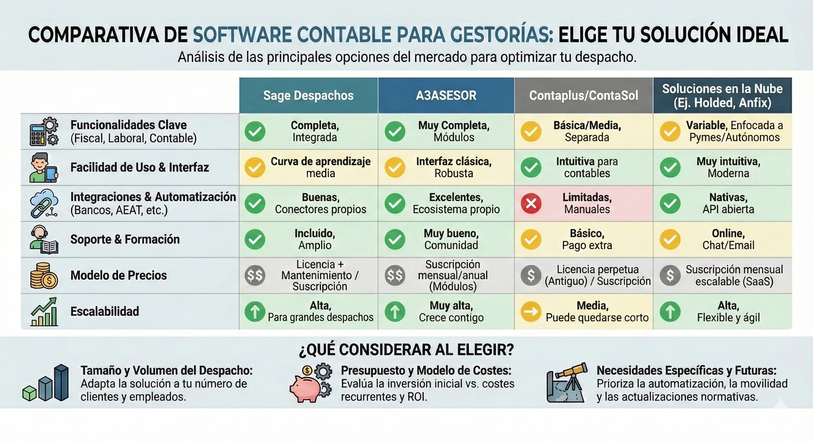 Comparativa de software contable para gestorías: A3, Sage, Holded y ContaPlus - Infografía con análisis comparativo de funcionalidades, facilidad de uso, integraciones, soporte, modelo de precios y escalabilidad
